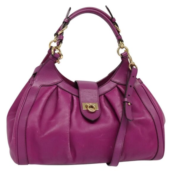 Salvatore Ferragamo Gancini Hand Bag Leather 2way Purple Gold Auth BA5444 - Picture 1 of 14